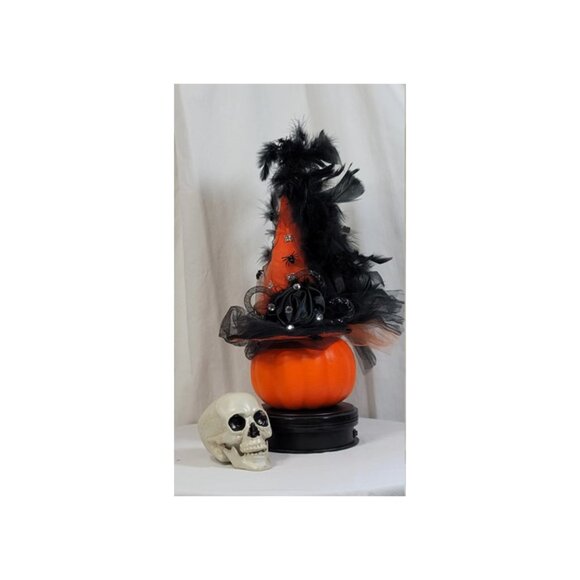 Fancy Witch Hat Fascinator - Orange Hat w/Tulle & Black Feathers - Halloween Hat - Picture 11 of 14